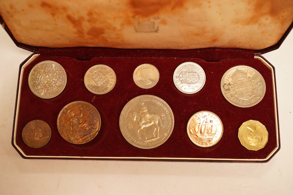 British coins, Elizabeth II, 1953 coronation proof coin set, UNC retaining much lustre, the fitted case with staining to the interior